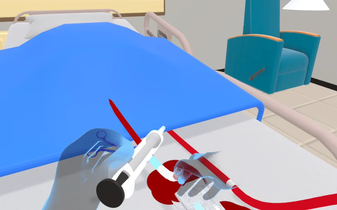 Inside the headset during a simulation: the trainee looks down at the draped field of a rendered ECMO cannulation, with the instrument tray and the checklist board to one side.
