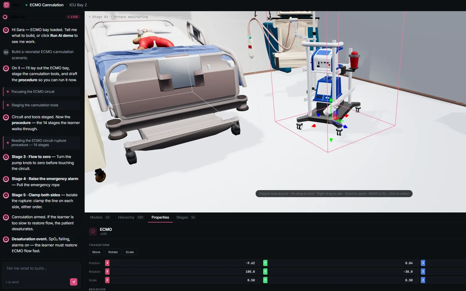 The Minerva Simulation Editor building a neonatal ECMO cannulation scenario: the Editor AI has laid out an ICU bay in 3D and drafted a 14-stage procedure, listed down the left.
