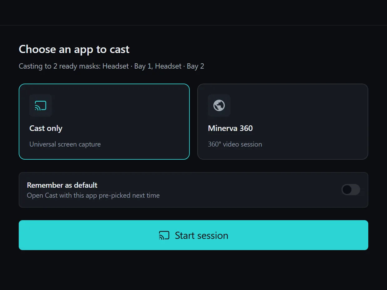 The Hub's cast control: casting to 2 ready masks, a choice of Cast only or Minerva 360, and a Start session button.