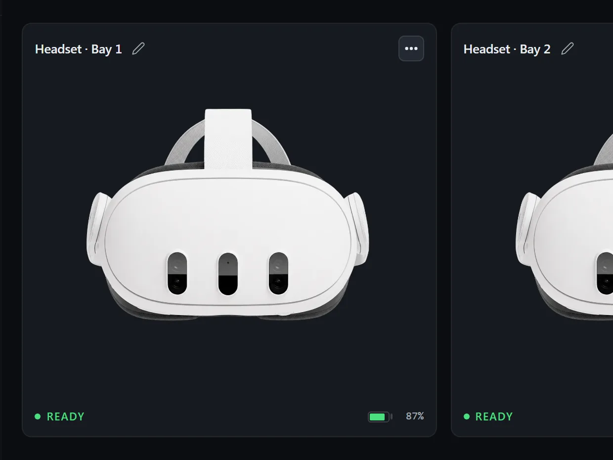 A paired headset in the Hub: Headset · Bay 1, marked READY at 87% battery.