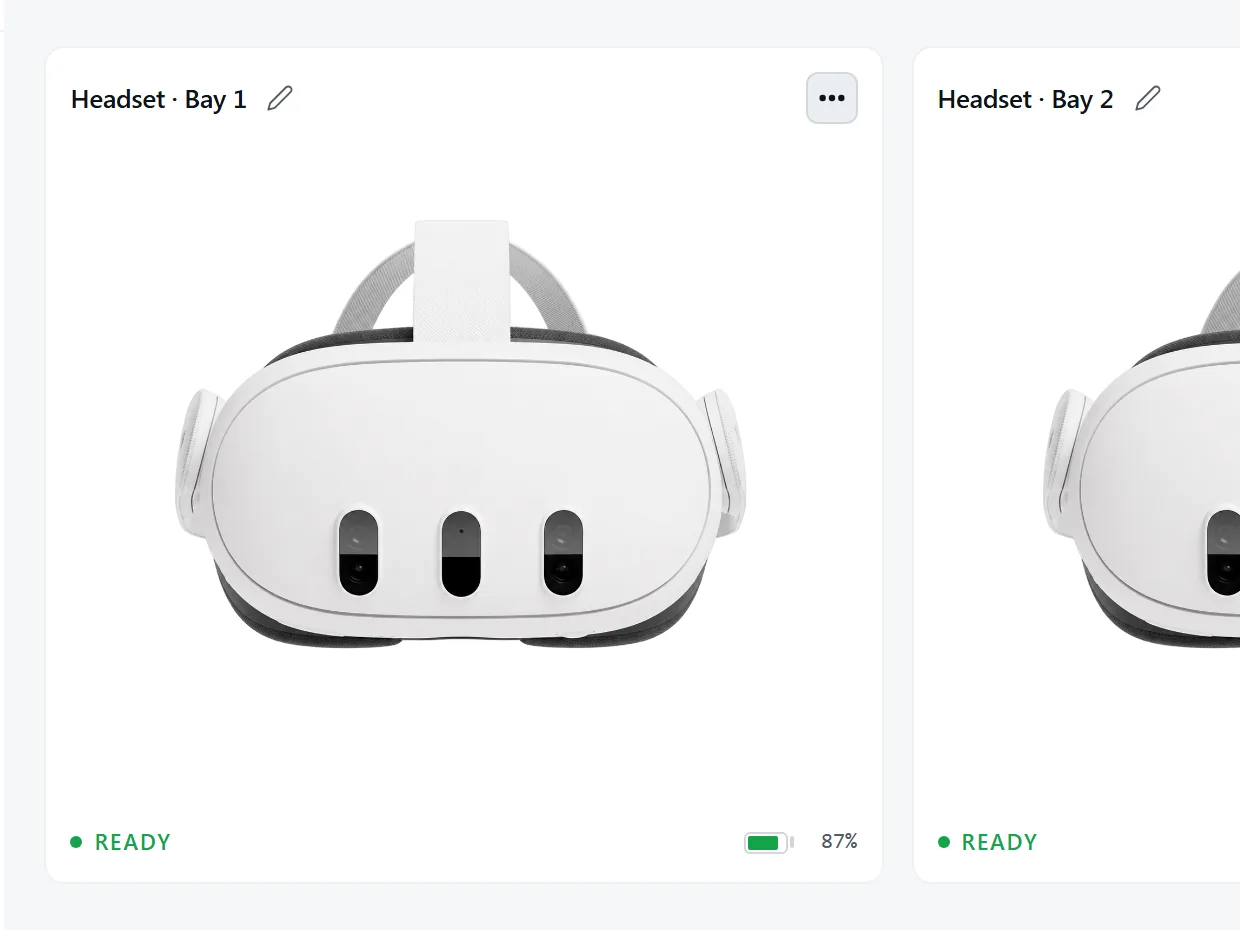 A paired headset in the Hub: Headset · Bay 1, marked READY at 87% battery.