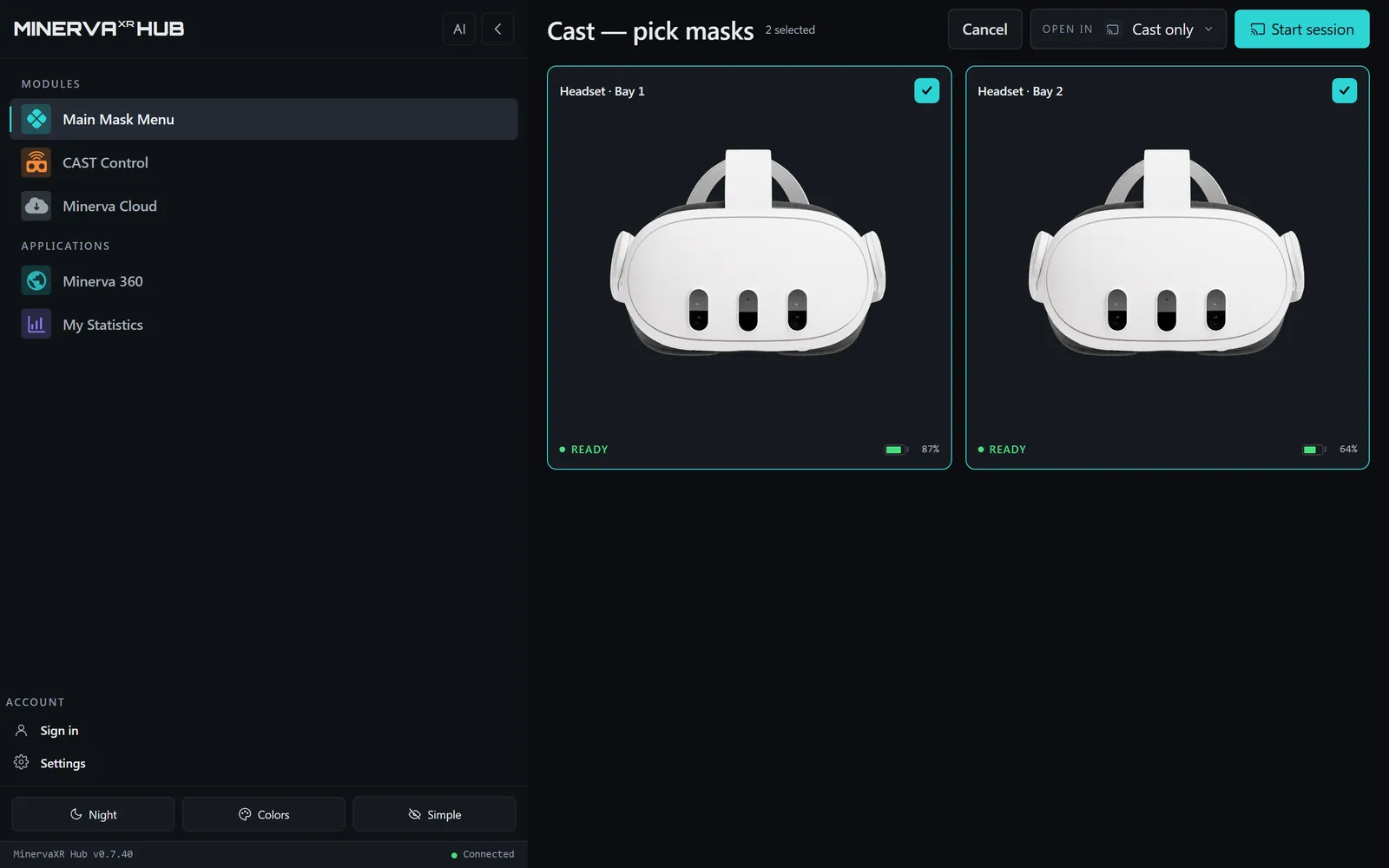 The Hub selecting both paired headsets for a session, with Start session ready.