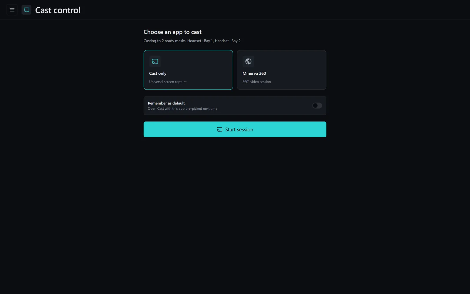 The Hub’s cast control: choosing an app to cast to two ready headsets, with a Start session button.