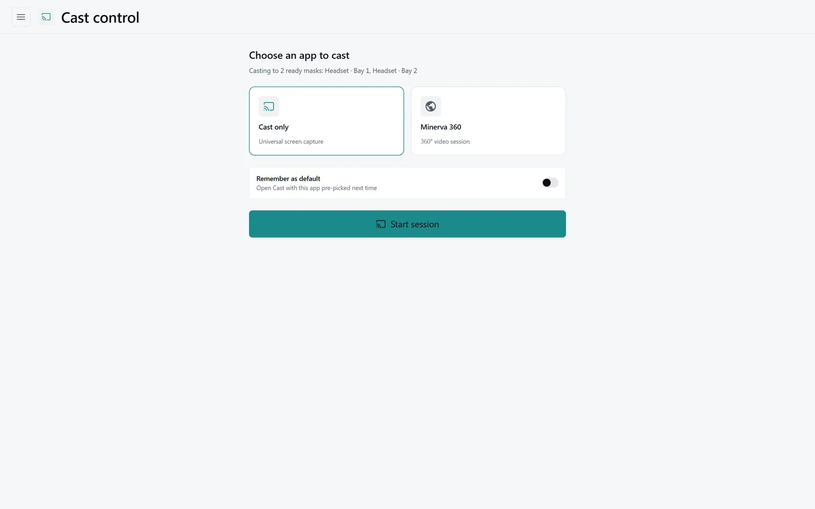 The Hub’s cast control: choosing an app to cast to two ready headsets, with a Start session button.