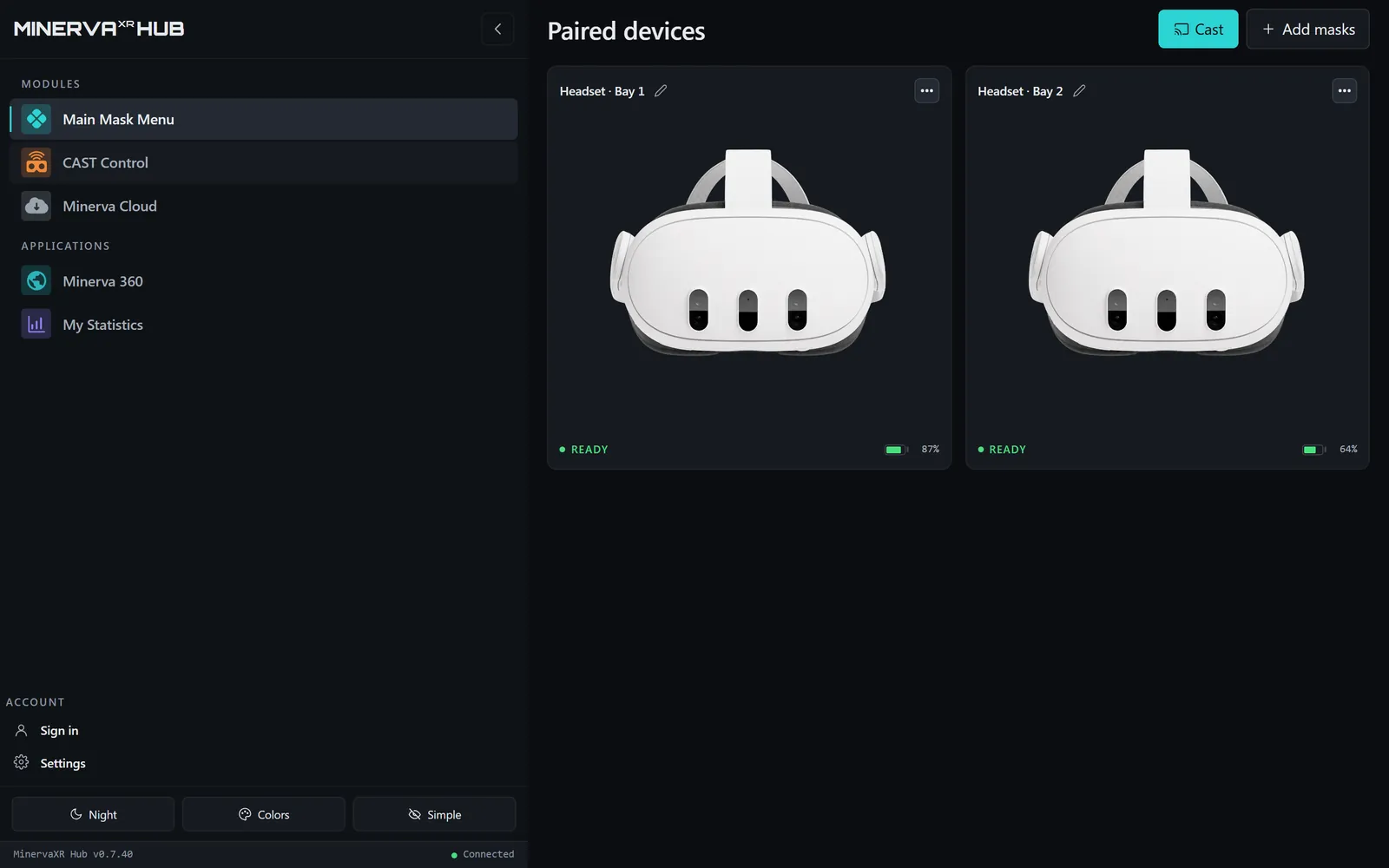 The Minerva Hub showing two paired headsets, each marked READY with its battery level.