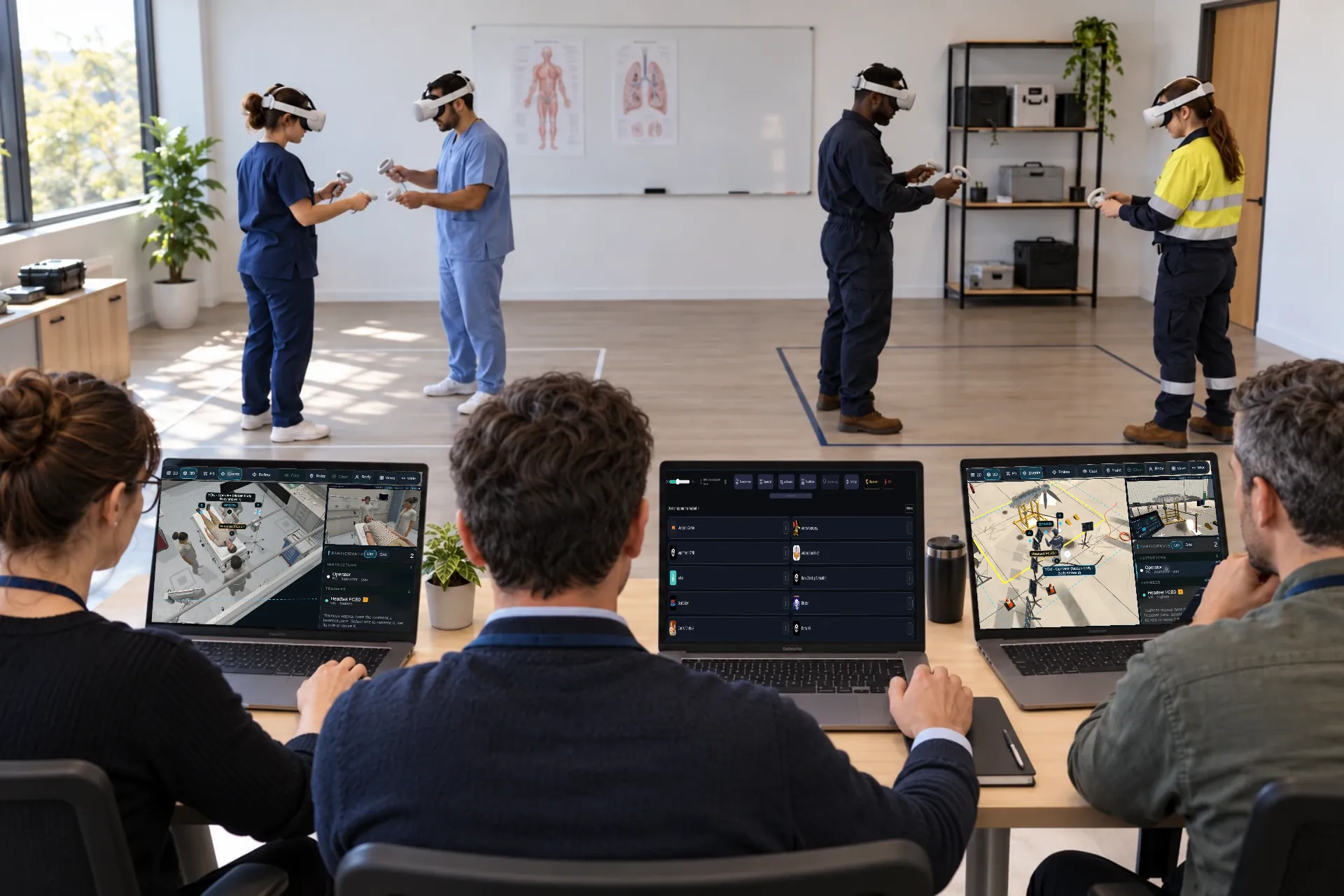 One center, two training groups. A manager and two instructors support two VR training groups: the manager's screen shows Minerva Hub device management, the clinical instructor sees the patient, participants and the learner's headset Cast, and the technical instructor sees the engine and the matching headset Cast. Each screen is an original Minerva capture.