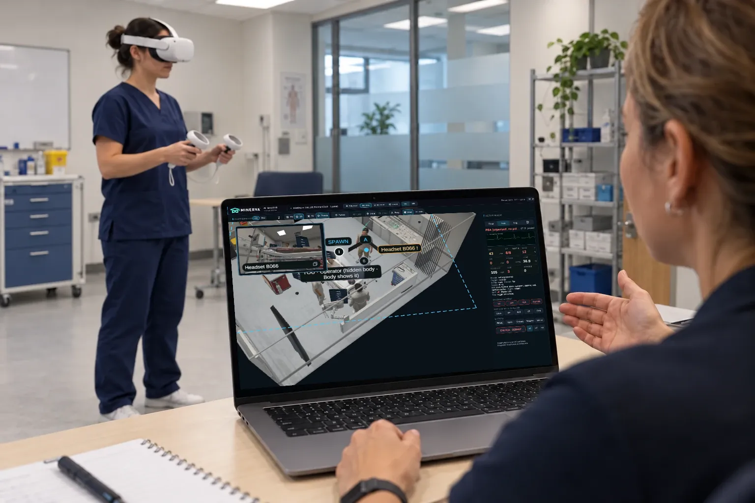 A VR learner and an instructor in a training room. The instructor's screen shows the session: the trainee beside the patient, the controls, and the headset's live Cast view.