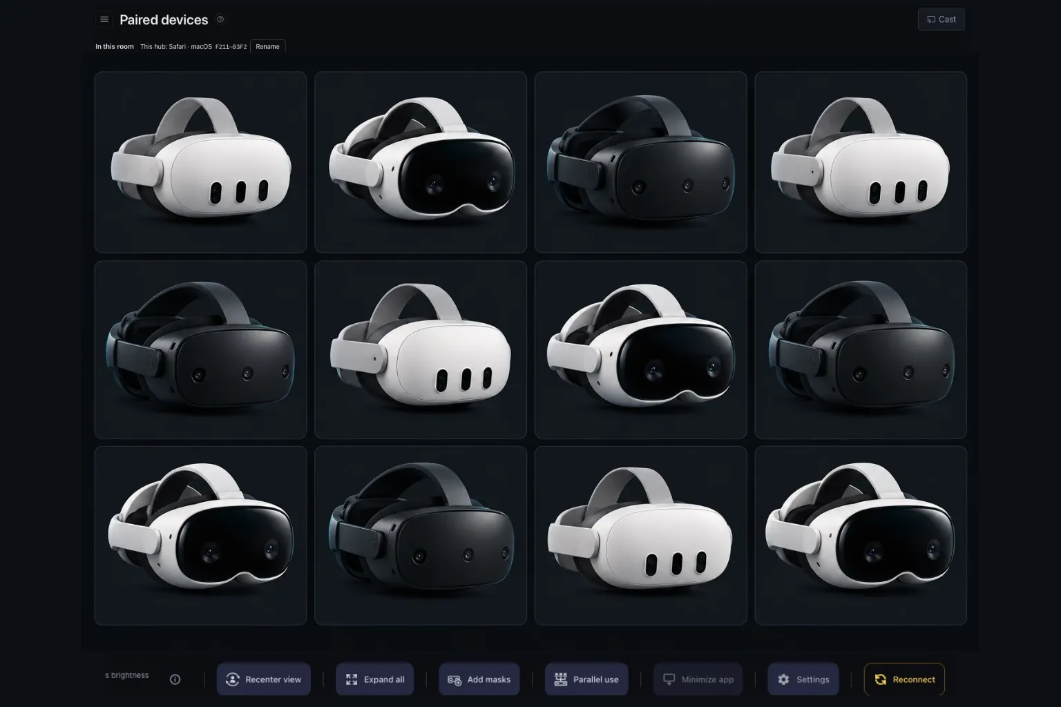 An illustrative fleet of XR headsets in three form factors, framed by original Minerva Hub captures: the paired-devices bar above and the headset controls below.
