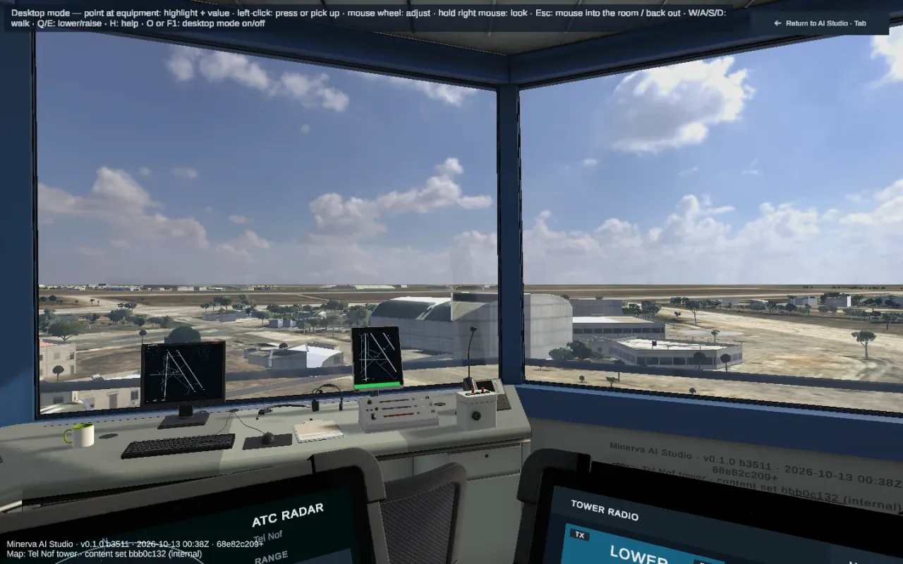 A Minerva AI Studio virtual control tower looking across an airfield.