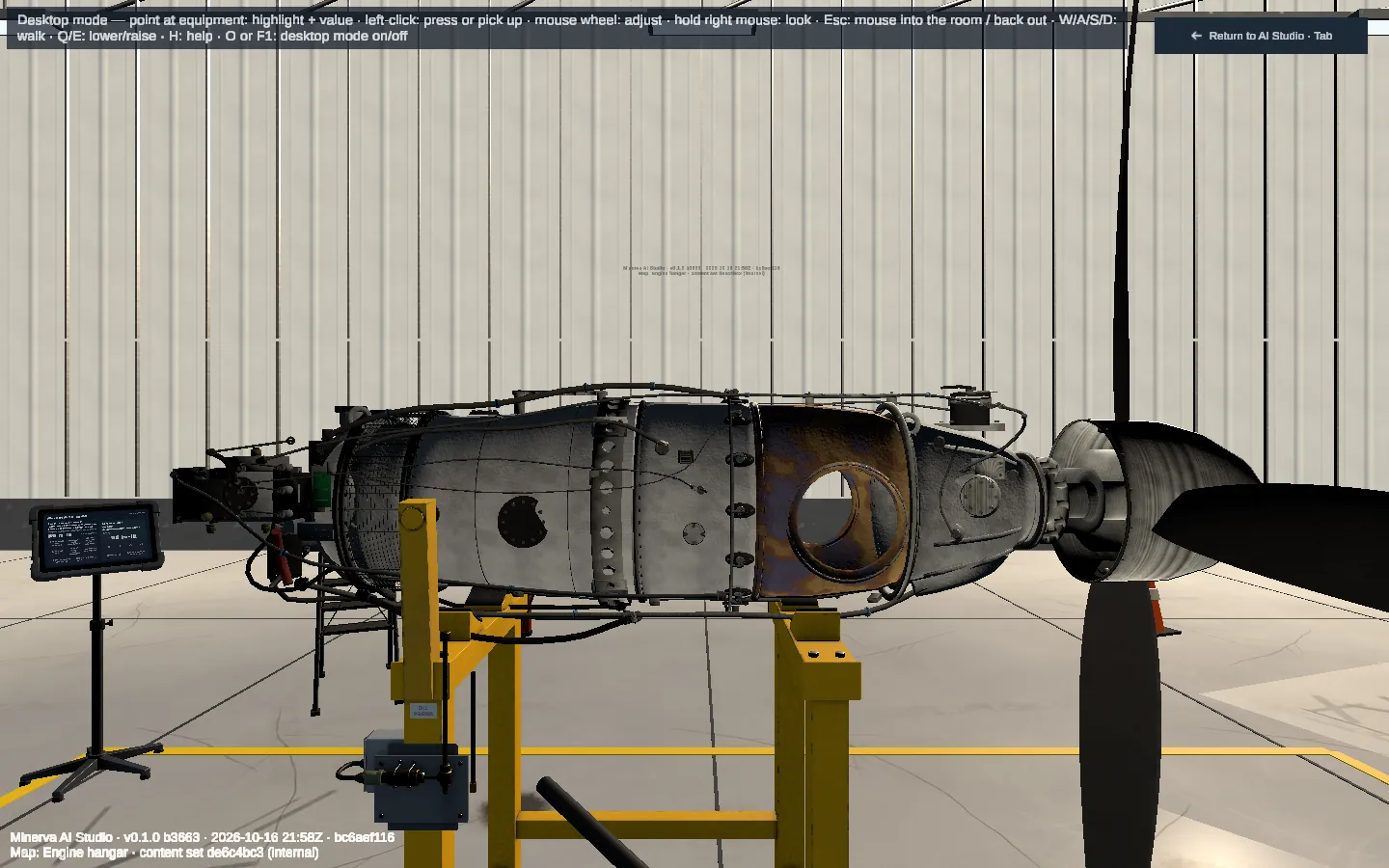 An original Minerva AI Studio technical scenario: an aircraft engine, propeller and maintenance stand at close range.