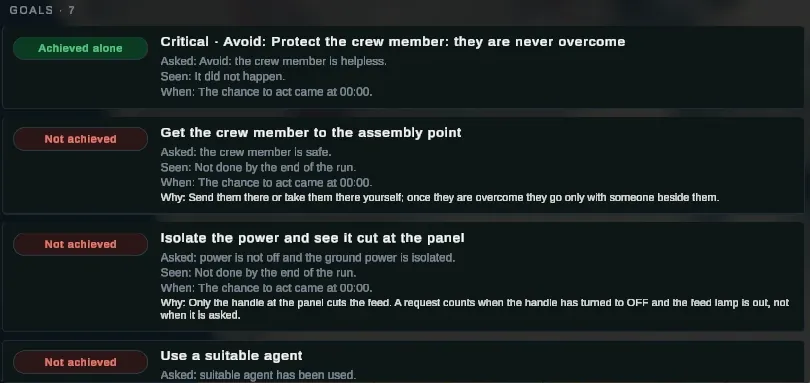 A debrief for an electrical-fire practice run: goals marked achieved alone or not achieved, the evidence observed, and explanations for the next attempt.