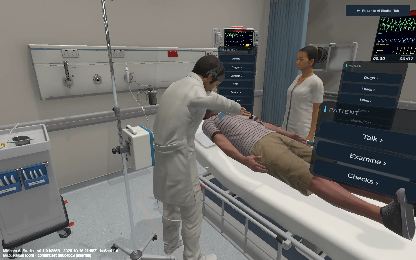 An original Minerva AI Studio desktop capture: a virtual clinician performs chest compressions beside a nurse, with the patient and the scenario controls visible.
