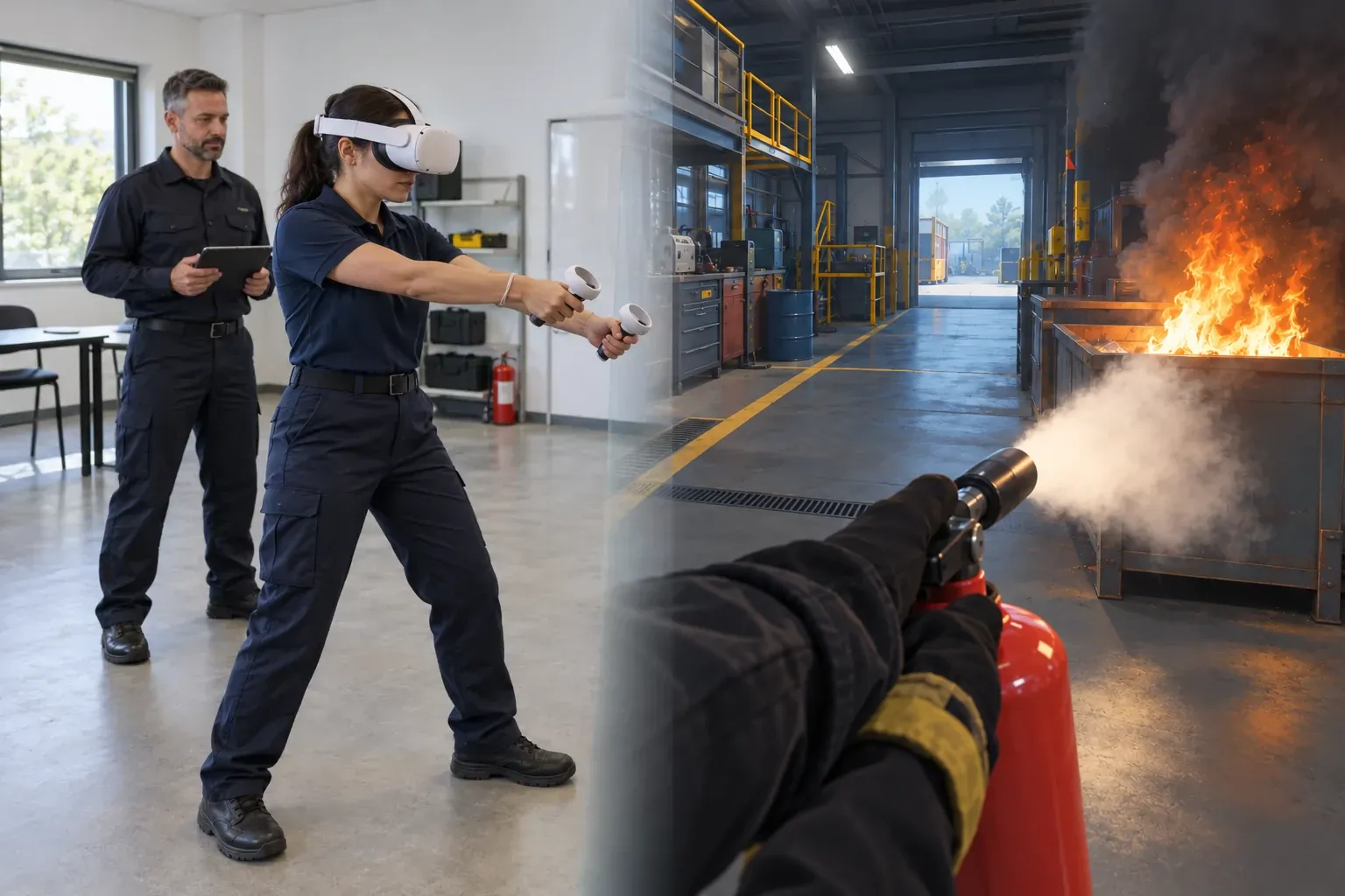 A trainee rehearses an emergency in a real training room; the right half shows the virtual scene the headset puts them in — the challenging situation, practised safely.