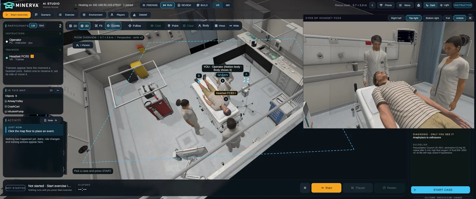 An original Minerva AI Studio capture of the clinical instructor's screen during a session: the participant list, a 3D overview of the virtual resus room with the patient on the bed, and the live view from the trainee's headset.