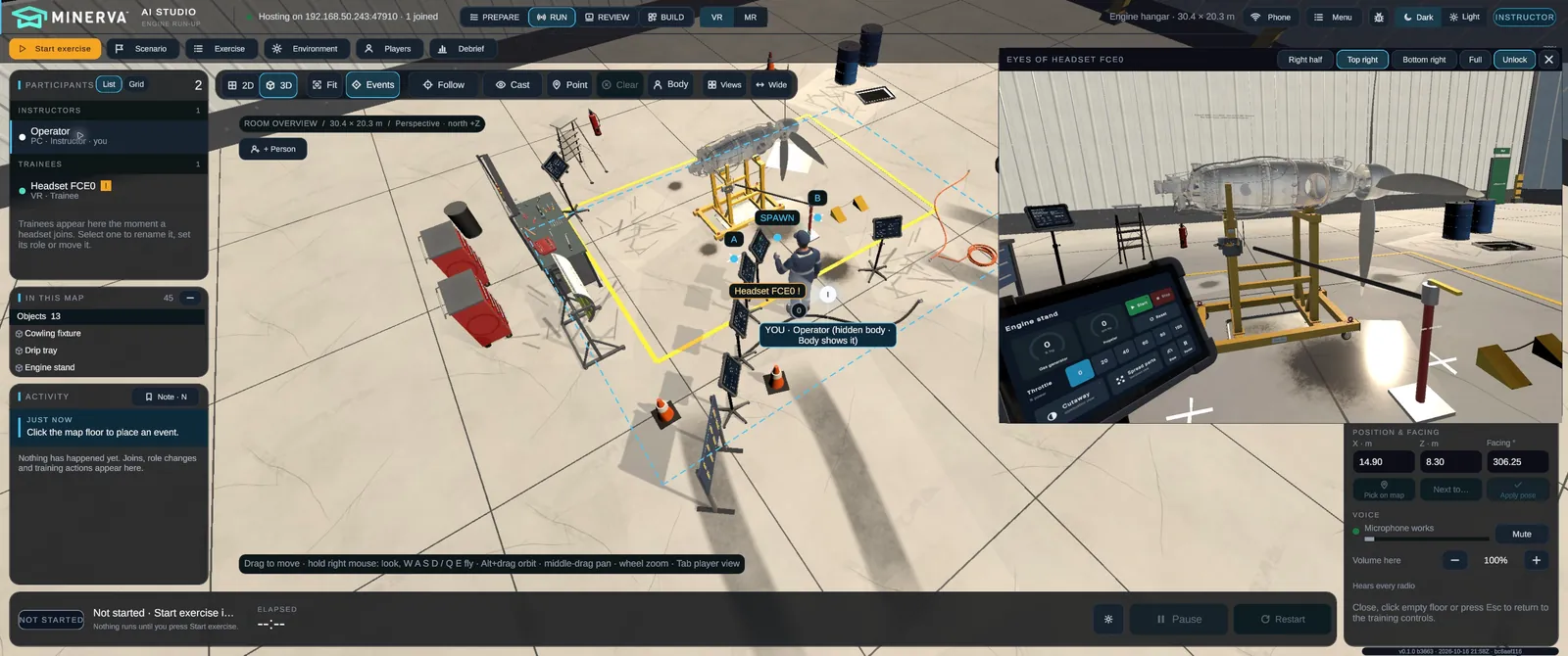 An original Minerva AI Studio capture of the technical instructor's screen during a session: the participant list, a 3D overview of the engine hangar with the trainee's avatar beside the engine stand, and the live view from the trainee's headset.